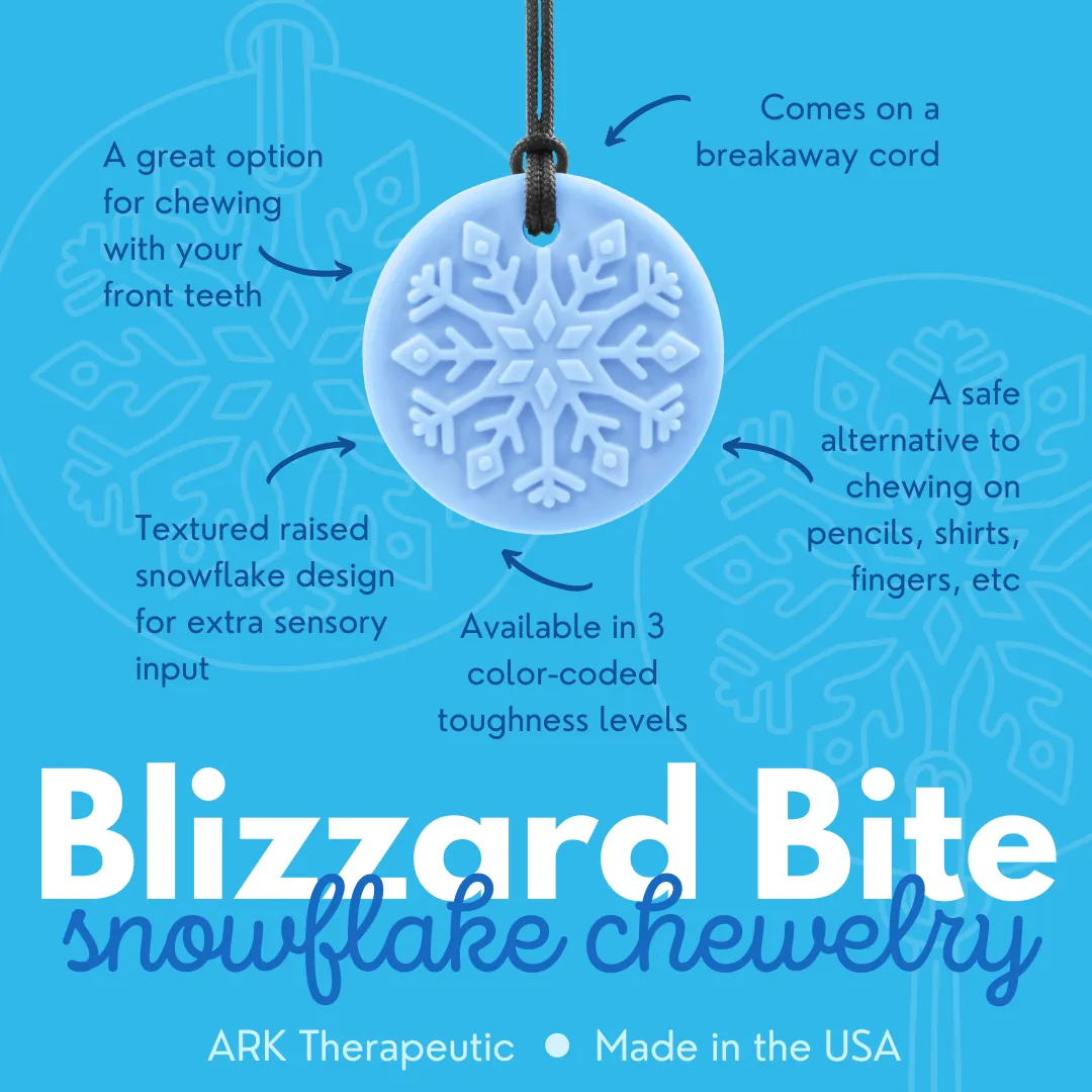 blizzard bite is een kauwketting met sneeuwvlok opdruk, veel meisjes met kauwbehoefte vinden deze fijn om prikkels te reguleren