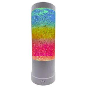 De Regenboog Glitter Lamp is ontworpen om een kalmerend visueel effect te creëren en doet dienst als zowel rustgevend nachtlampje voor kinderen als sfeerverlichting