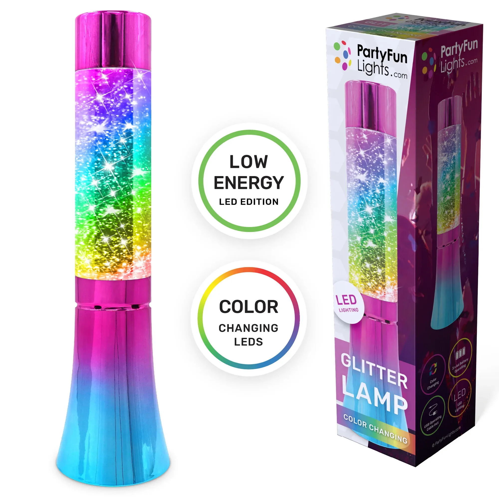 Met de Glitter lavalamp wordt elke ruimte magisch! De lamp zit vol met glitters die een roterende beweging maken, dus de felgekleurde lichtpatronen zullen overal in de ruimte te zien zijn.
