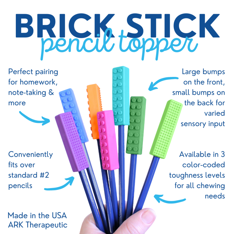 brick pencil topper is een opzetstukje voor op je potlood waar je veilig op kunt kauwen en bijten.