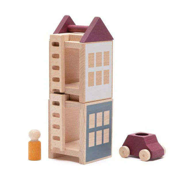 Lubulona stad mini is een prachtige houten speelgoed set die zich perfect leent voor open einde speelgoed. Leuk te combineren met de stapelbomen.