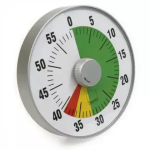 Timer Geluidloos Stoplicht is een tijdsklok waarbij de verstreken tijd in 3 kleurvakken wordt aangegeven: rood betekent dat de laatste minuten aanbreken.