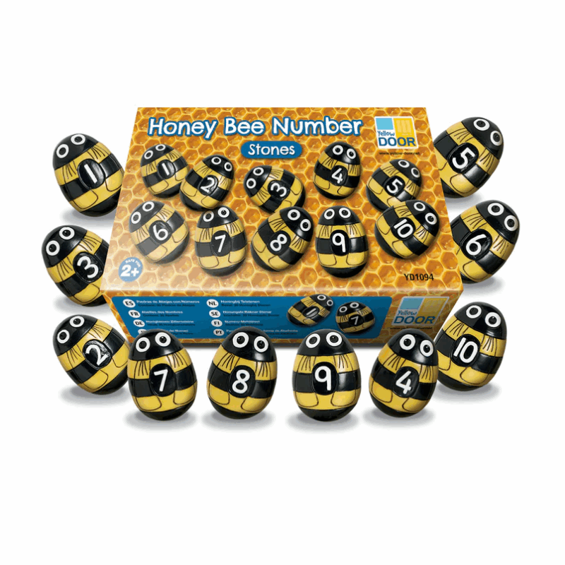 Yellow Door honingbij cijferstenen set – 20 stenen en hars bijtjes met cijfers 1-10, ideaal voor tellen, optellen, aftrekken en eerste wiskundeoefeningen bij kinderen