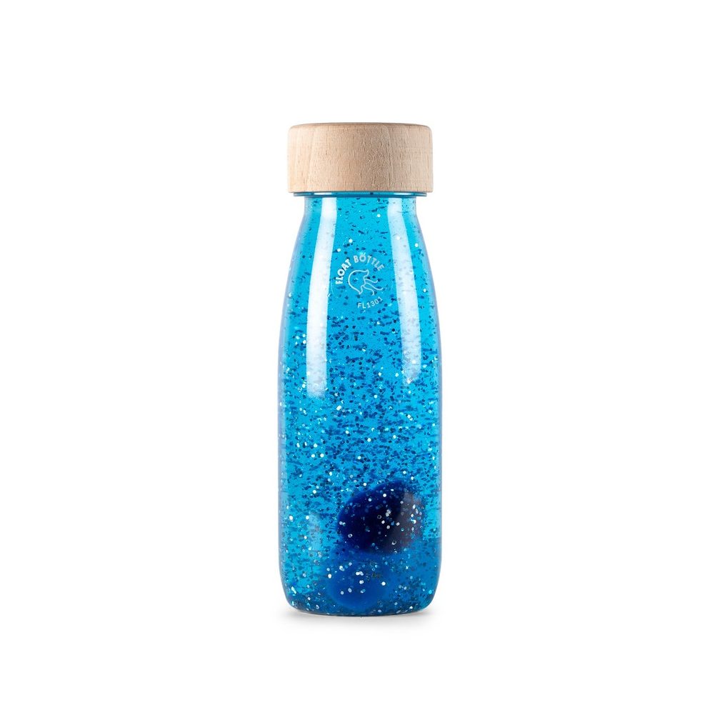 petit boum float bottle in de kleur blauw, gevuld met glitters en pompoms.