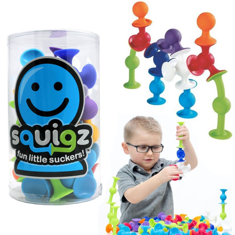 Squigz zijn diverse zuignap vormpjes van fat brain toys die je aan diverse oppervlakten en aan elkaar kunt laten plakken. Oefen met motoriek, fantasie en creativiteit en leer over zwaartekracht.