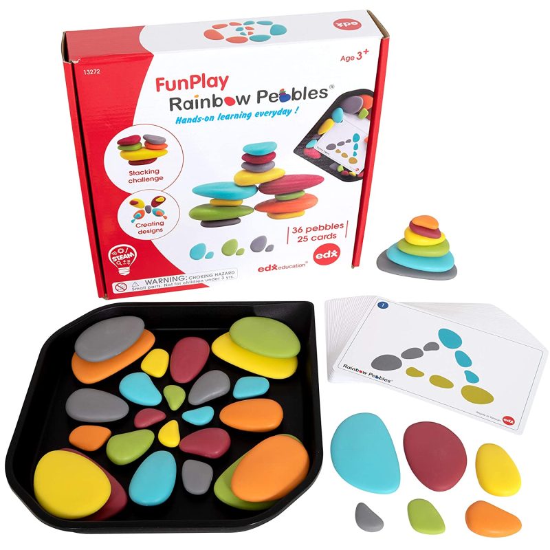 fun play regenboog stenen is een mooie set educatief speelgoed voor peuters en kleuters. Oefen met sorteren, tellen en matchen, maak patronen en gebruik de activiteitenkaarten.