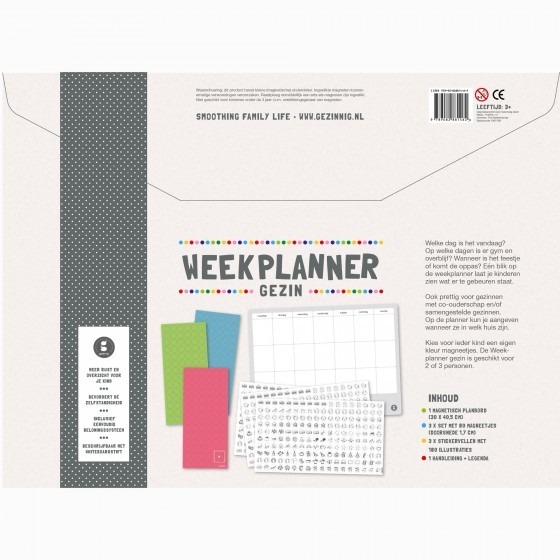 Met de weekplanner gezin, maak je de week visueel inzichtelijk met de bijgeleverde magnetische pictogrammen voor 2 of 3 kinderen tegelijk. Het geeft kinderen overzicht en duidelijkheid in wanneer het school is, welke ouder thuis is, wel of geen gym en noem maar op. Een eigen planner, shop dan bij ons de weekplanner kids