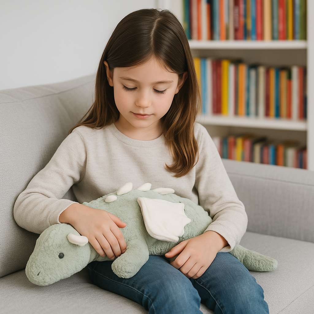 en zachte, verzwaarde knuffel in de vorm van een draak met kalmerende kleuren, ontworpen om kinderen te helpen ontspannen en zich veilig te voelen.