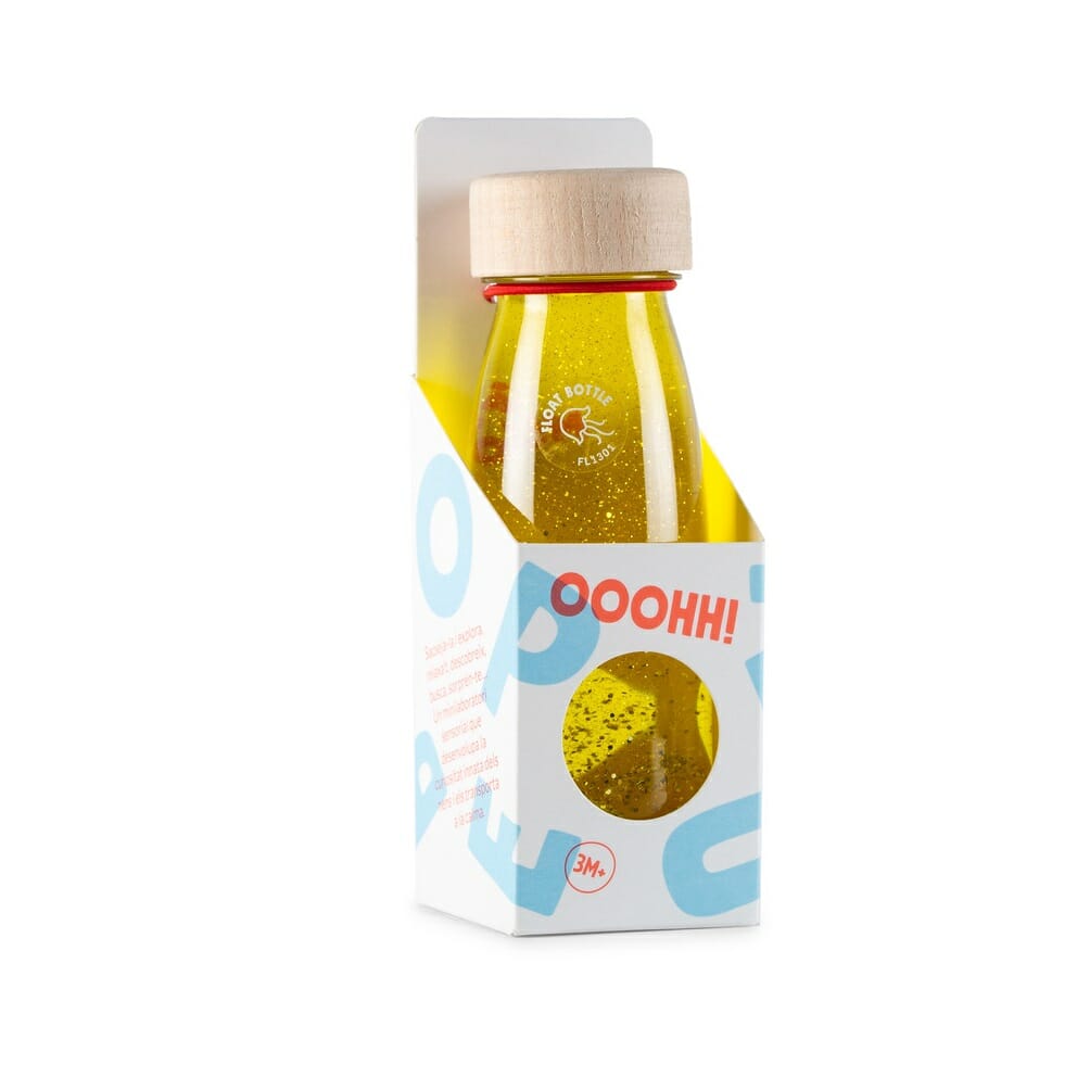 petit boum sensory bottle, zoals de naam zegt een sensorisch fles.Het kan gebruikt worden om op ontdekking uit te gaan door peuters, maar ook om kinderen met een beperking, autisme of demente ouderen te kalmeren en prikkelen