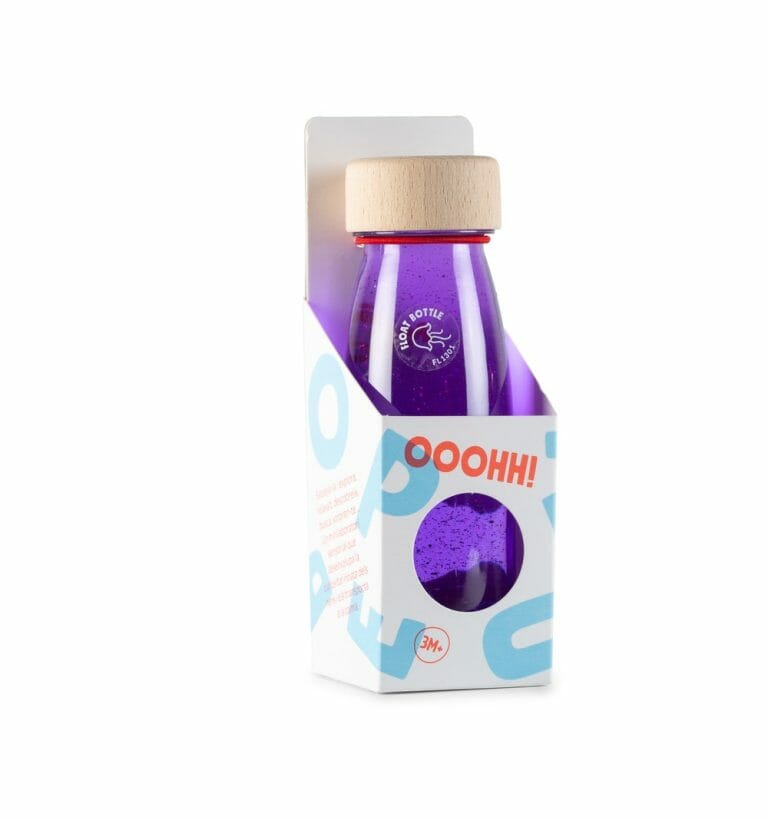 petit boum float bottle is een sensorische fles gevuld met vloeistof, glitter en pompom. Ze dagen kinderen uit tot ontdekken en sensorisch spel