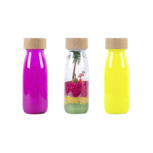petit boum sensorische flessen, een selectie met thema paradijs, float bottle en flamingo fles