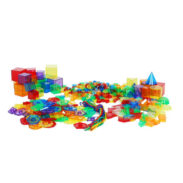 De geometrische vormen schoolset van TickiT bestaat uit bijna 500 doorschijnende acrylkleurige geometrische figuren en veters. Deze producten zijn ideaal voor gebruik op een lichtplaat voor het verkennen van wiskundige onderwerpen zoals vorm en attributen, tellen en sorteren, patroon en volgorde.