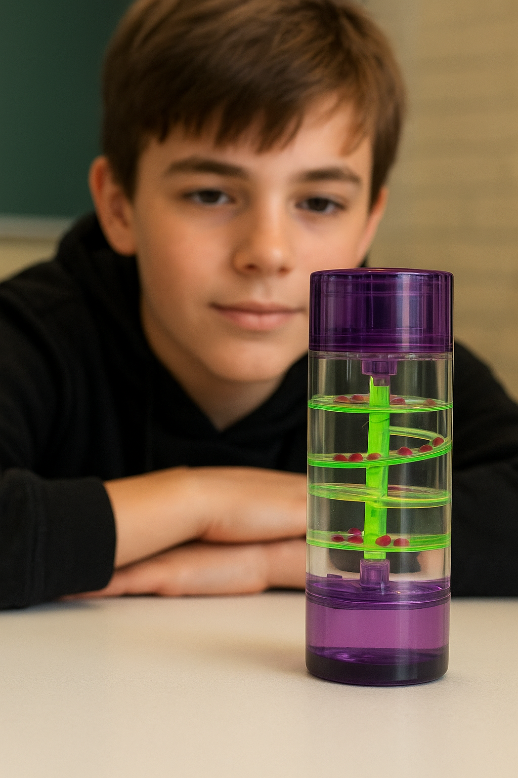 Een druppelbaan (liquid timer) is een visuele zandloper. Het fascineert kinderen & volwassenen om ernaar te kijken en werkt ontspannend.