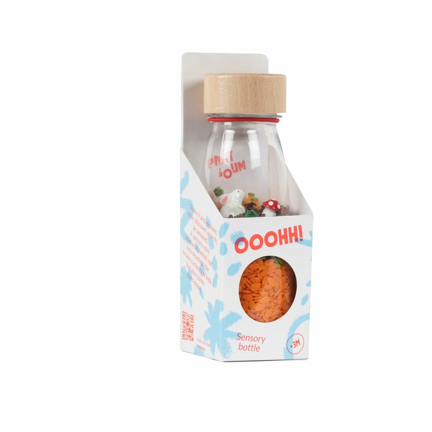 De sensorische fles in thema pasen is leuk om met je kind het voorjaar te ontdekken, schud, luister en zoek dee paashaas, de eireren en wortelen.