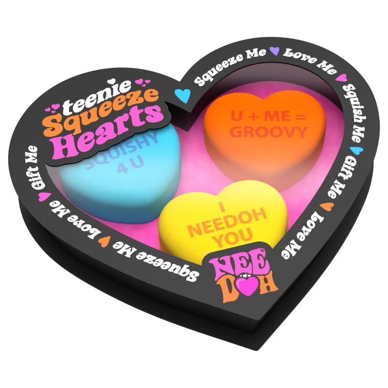 needoh teenie hearts is een set van 3 hartvormige mini squishy stressballen