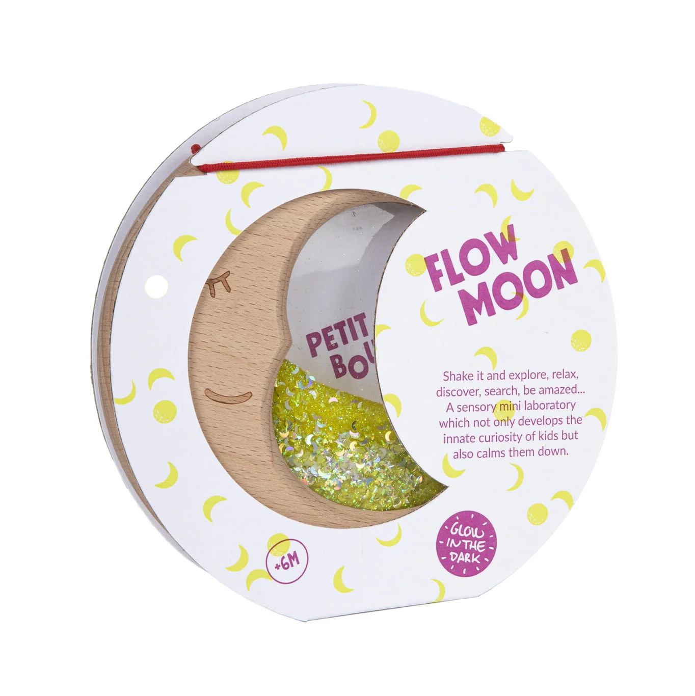 petit boum maan is gevuld met gele vloeistof en glitters, prachtig en duurzaam speelgoed voor jong en oud om te ontdekken