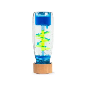 Ontspannende sensorische fles Move Bottle Spiral Blue van Petit Boum – kleurrijke vloeistofdruppels in beweging voor rust en visuele verwondering.