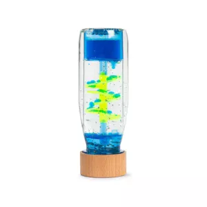 Ontspannende sensorische fles Move Bottle Spiral Blue van Petit Boum – kleurrijke vloeistofdruppels in beweging voor rust en visuele verwondering.