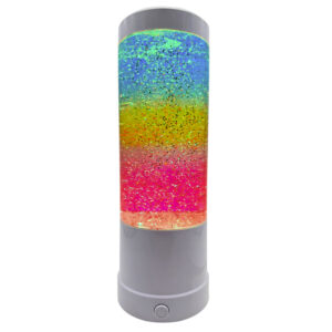 De Regenboog Glitter Lamp is ontworpen om een kalmerend visueel effect te creëren en doet dienst als zowel rustgevend nachtlampje voor kinderen als sfeerverlichting