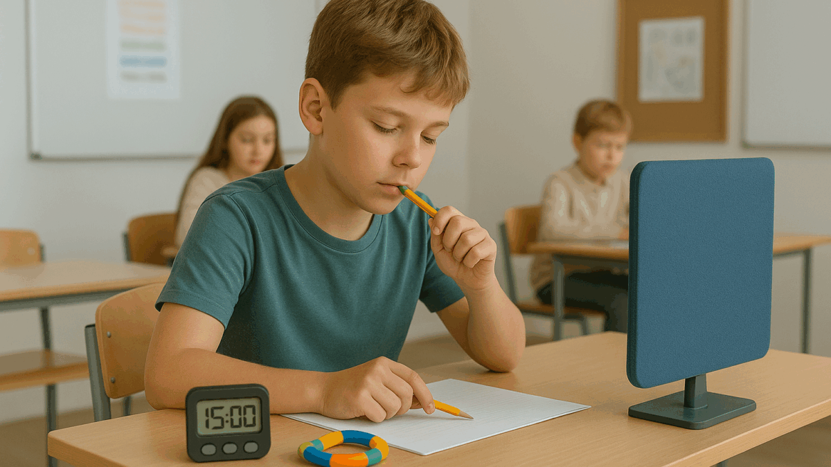 Leerling met ADHD gebruikt schoolhulpmiddelen zoals wiebelkussen, timer, potlood met kauwdop, Tangle en concentratiescherm. Deze tools verminderen prikkels en verbeteren focus en concentratie in de klas. Ideaal voor kinderen met ADHD, autisme en hooggevoeligheid.