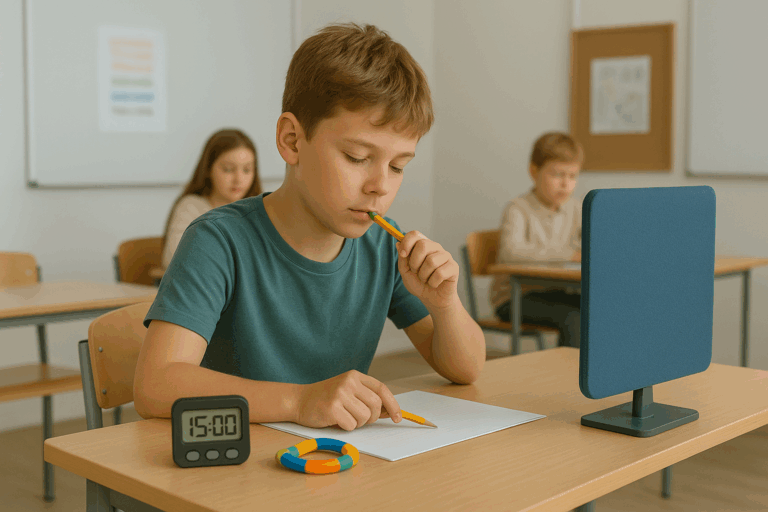 Leerling met ADHD gebruikt schoolhulpmiddelen zoals wiebelkussen, timer, potlood met kauwdop, Tangle en concentratiescherm. Deze tools verminderen prikkels en verbeteren focus en concentratie in de klas. Ideaal voor kinderen met ADHD, autisme en hooggevoeligheid.
