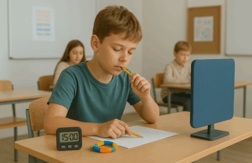 Leerling met ADHD gebruikt schoolhulpmiddelen zoals wiebelkussen, timer, potlood met kauwdop, Tangle en concentratiescherm. Deze tools verminderen prikkels en verbeteren focus en concentratie in de klas. Ideaal voor kinderen met ADHD, autisme en hooggevoeligheid.