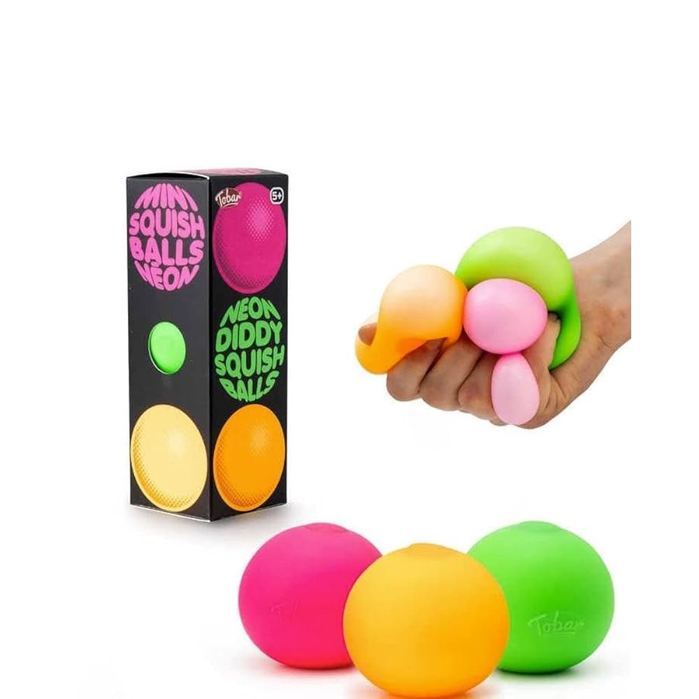 Kleurrijke squishy stressballen in neon tinten, houdt handen bezig en helpt spanning te verminderen.