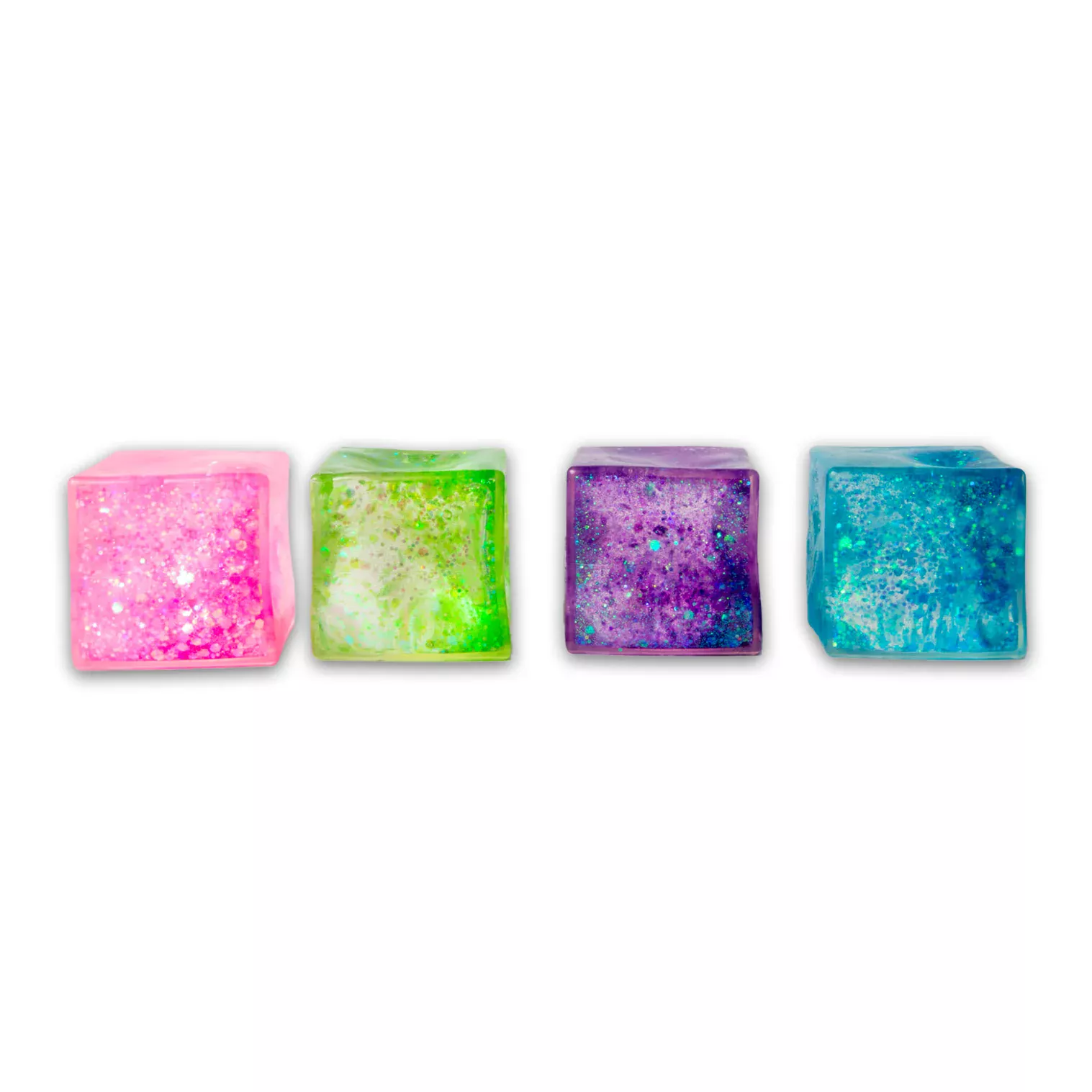 Scrunchems Glitter Cube, een zachte squishy kubus met glitter en gelvulling, perfect voor ontspanning, stressvermindering en sensorisch spel.