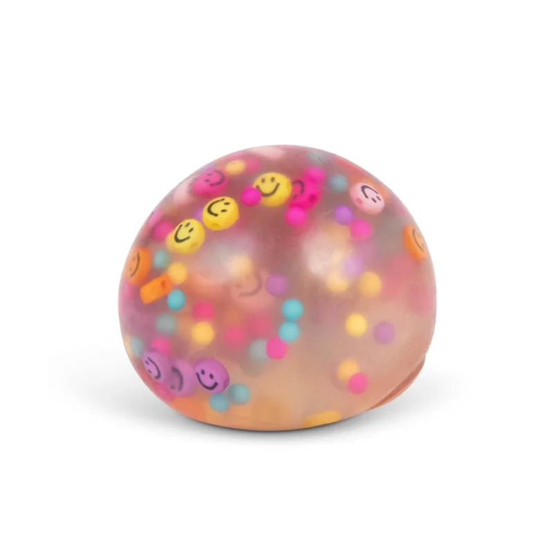 Vrolijke smiley squishy stressbal van 6 cm. Zacht, stil en ideaal als fidget voor kinderen met spanning of prikkelverwerkingsproblemen.