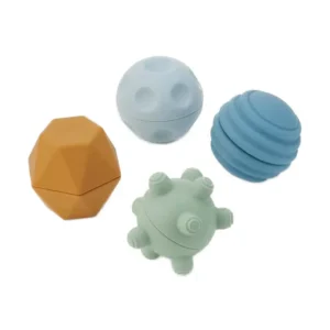 Set van 4 sensorische ballen met verschillende structuren. Te vullen voor geluid en extra beleving. Stimuleert zintuigen en motoriek.